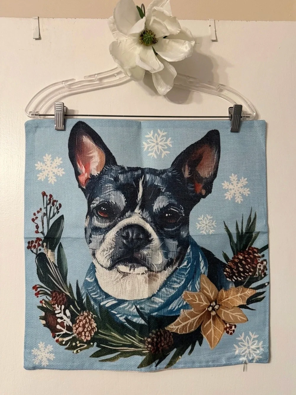Holiday Boston Terrier Decorative Throw Pillow Cover in Light Blue NWOT